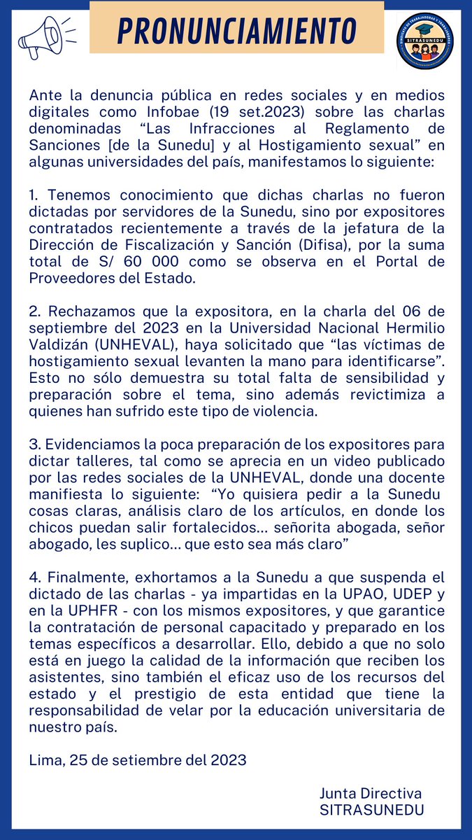 SITRASUNEDU's tweet photo. Ante la contratación de expositores poco preparados para brindar charlas  sobre temas de hostigamiento sexual, la Junta Directiva de Sitrasunedu manifiesta lo siguiente: https://t.co/Mf0xQhzR5w