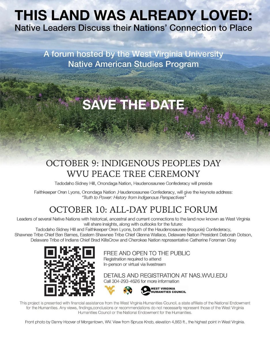 We hope you’ll join us in October for our programming! Free and open to the public! 

October 9th: Indigenous Peoples Day WVU Peace Tree Ceremony 

October 10: All Day Public Forum. 

Registration is available here: nas.wvu.edu/fall-2023-forum