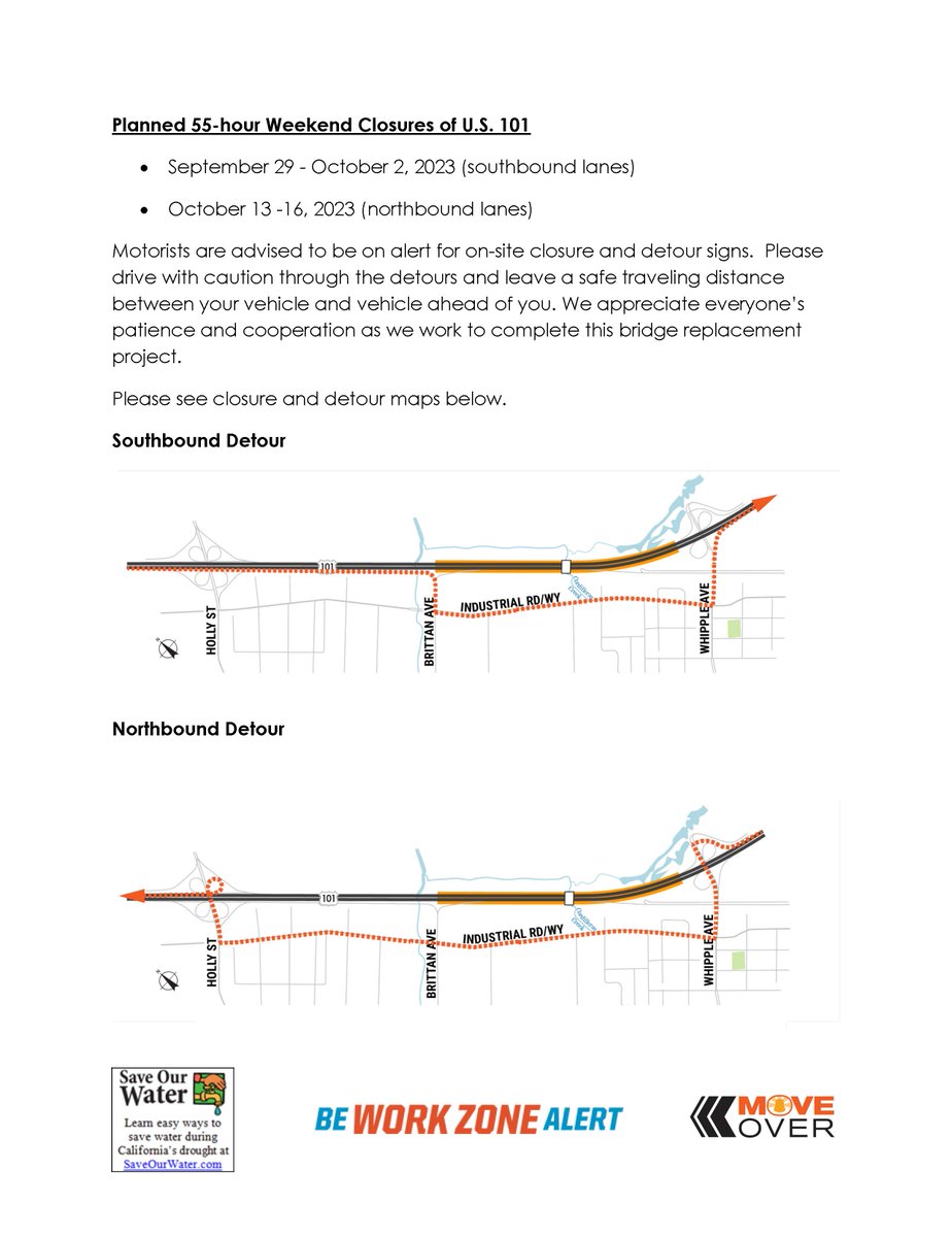 🚨🚗Heads up drivers 🔜55-HOUR HWY 101 CLOSURE in #SanMateoCounty/Redwood City for
<a href="/CaltransD4/">Caltrans District 4</a> bridge replacement project.
⬇️Southbound Closure Sept 29-Oct 2
⬆️Northbound Closure Oct 13-16
*Closures start 10pm Friday night thru 5am Monday morn.
dot.ca.gov/caltrans-near-…