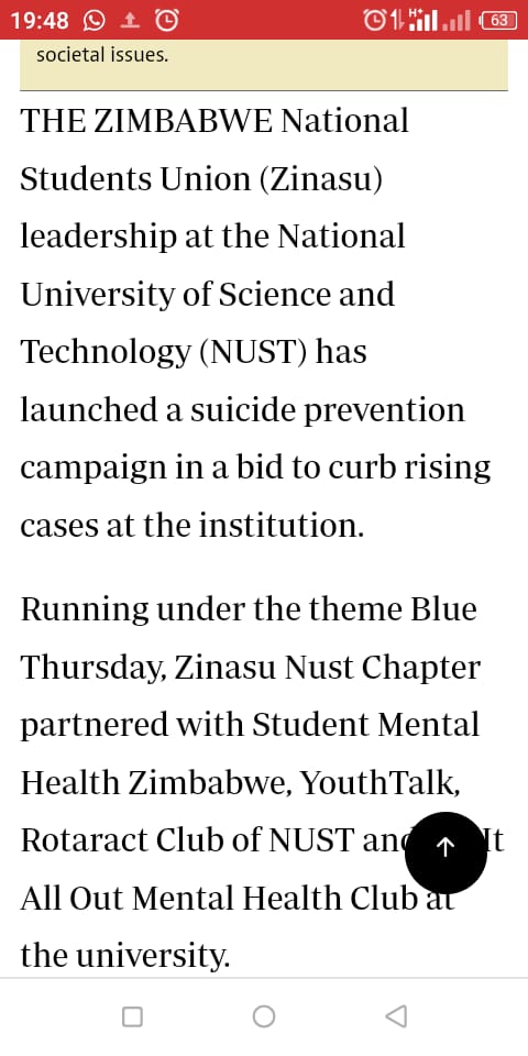 byozinasu's tweet photo. Thumbs up to one of the biggest chapters @TeamZinasuNust in the province for making a story to the news headline on their campaign on suicide prevention. Being very knowledgeable of different issues affecting students, they chose to encourage their fellows to live.
#QinaMfundi https://t.co/gBu23n4nrw
