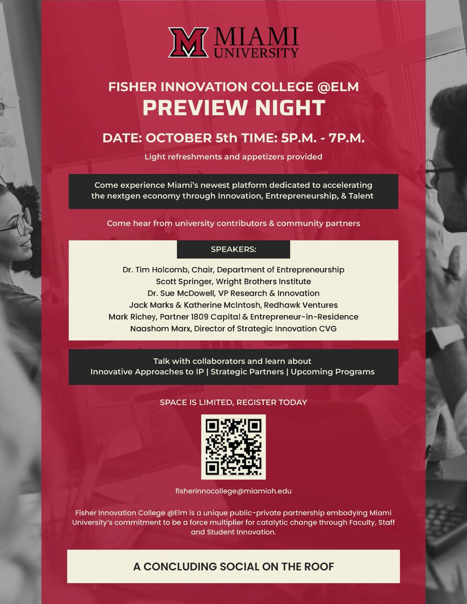 FisherInnovate's tweet image. Oct 5th: Fisher Innovation College@Elm Preview Event! 

Explore Miami's nextgen platform with Tim Holcomb, Scott Springer &amp;amp; more. 

Dive into IP insights &amp;amp; future programs. 

Limited spots, register now on our website! 📅

#FisherInnovation #PreviewEvent