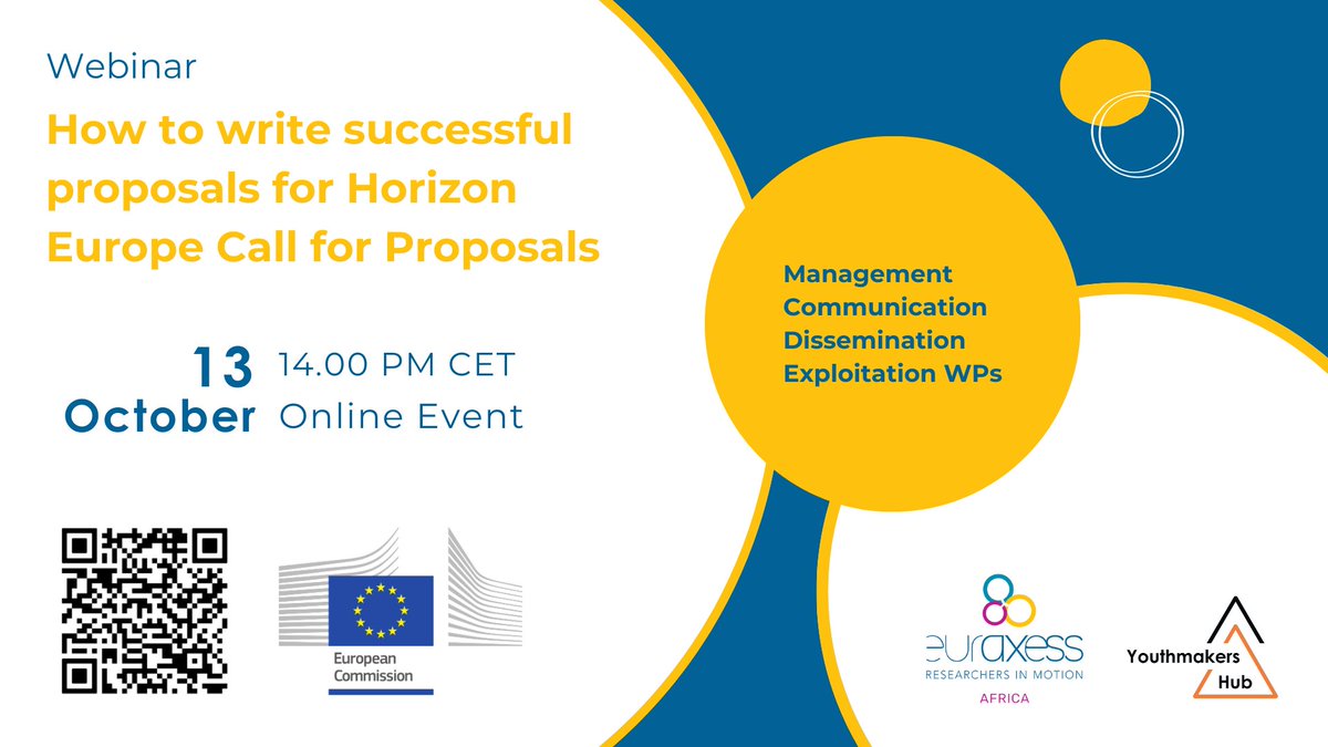 ❗️#SaveTheDate. 🗓13 October 2023 🕔 14H CET

💡𝗛𝗼𝘄 𝘁𝗼 𝘄𝗿𝗶𝘁𝗲 𝘀𝘂𝗰𝗰𝗲𝘀𝘀𝗳𝘂𝗹 𝗽𝗿𝗼𝗽𝗼𝘀𝗮𝗹𝘀 𝗳𝗼𝗿 𝗛𝗼𝗿𝗶𝘇𝗼𝗻 𝗘𝘂𝗿𝗼𝗽𝗲 

➦Register here 👇👇

lnkd.in/d8xpnT-q

#AfricaEU #EUGlobalApproach #HorizonEurope  #YouthmakersHub #Euraxess