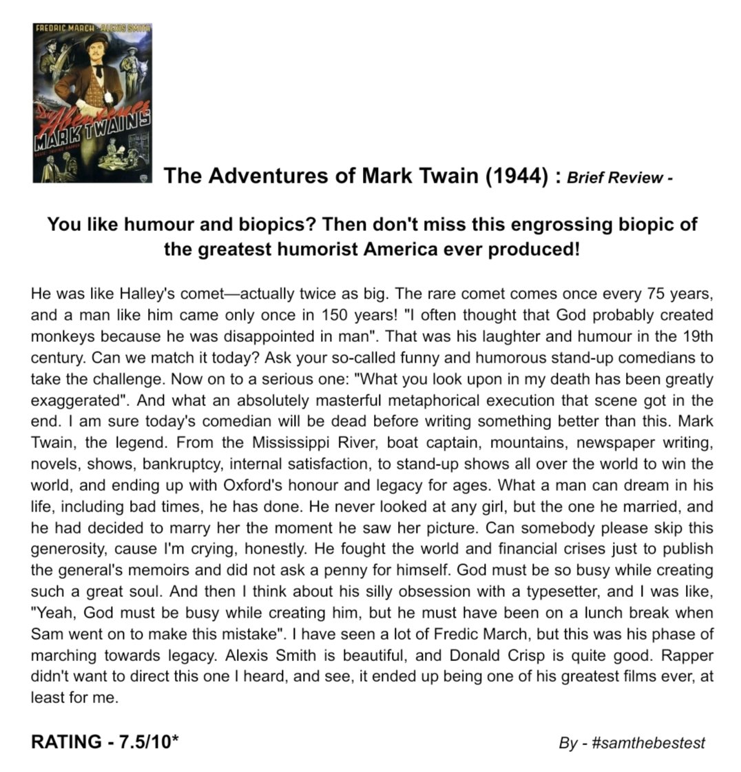 SAMTHEBESTEST_'s tweet photo. Watched #TheAdventuresOfMarkTwain (1944) :
You like humour and biopics? Then don't miss this engrossing biopic of the greatest humorist America ever produced!
RATING - 7.5/10*
#IrvingRapper #FredricMarch #AlexisSmith #MarkTwain #DonaldCrisp #AlanHale #SamuelClemens #Biopic https://t.co/vNeqQgz0k6