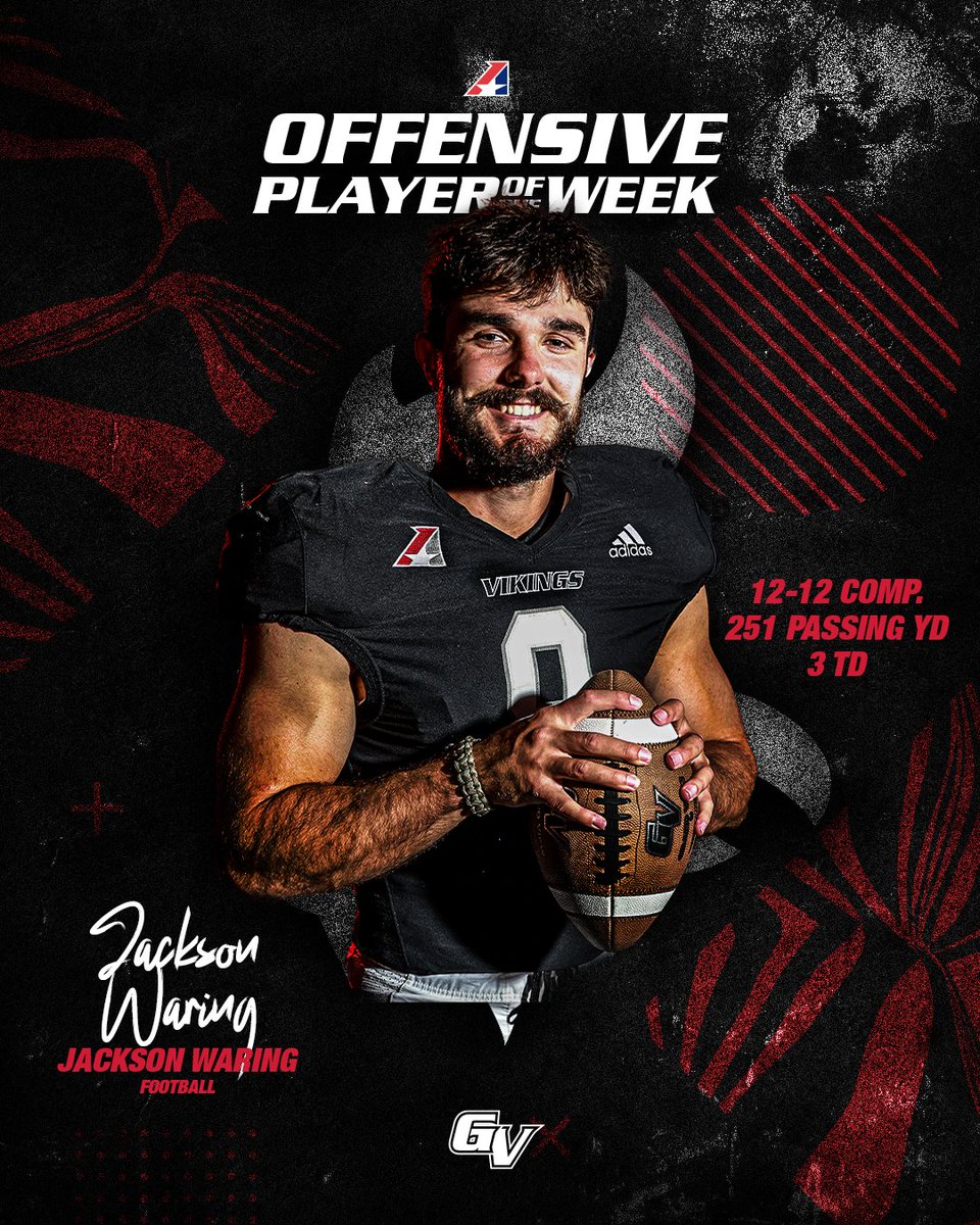 𝙊𝙁𝙁𝙀𝙉𝙎𝙄𝙑𝙀 𝙋𝙇𝘼𝙔𝙀𝙍 𝙊𝙁 𝙏𝙃𝙀 𝙒𝙀𝙀𝙆 🏈

Jackson Waring earns his first Heart of America Player of the Week honors after his efforts in just two quarters this past weekend! 

• 12-12 CMP.
• 251 Passing Yards 
• 3 Passing TDs 

#Voyage2Viktory | #3D | #NAIAFB