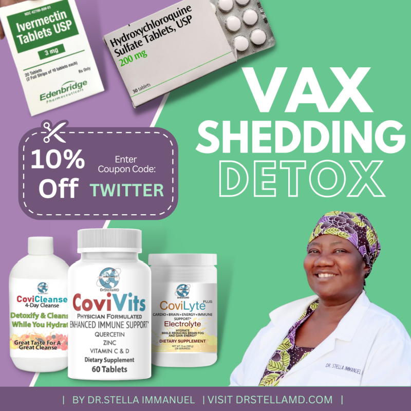 stella_immanuel's tweet photo. Vax Detox/Long Covid protocol by Dr. Stella Immanuel. Whether you are victim vaccine injury, vaccine shedding or are suffering from Long Covid symptoms, Dr. Stella's protocol uses ingredients proven to neutralize the Spike Proteins that causes illness. Use Promo Code TWITTER