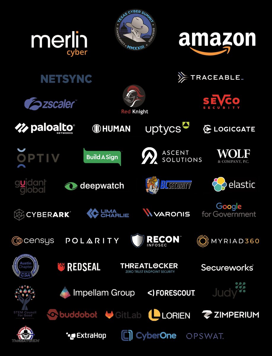 🤠Thank you to all of these amazing sponsors for helping make 'Texas Cyber Summit' possible. 
@amazon @Merlin_Cyber @NetsyncNews @traceableai @zscaler @SevcoSecurity @PaloAltoNtwks @humansecurity @uptycs @AscentERP @Optiv @varonis @wolfandcompany @deepwatch_sec @CyberArk