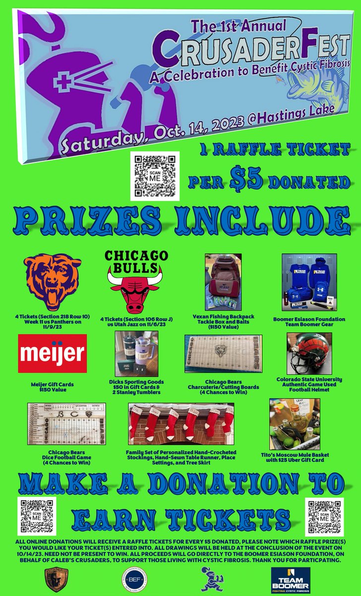 EProstka's tweet photo. Help us fight @cysticfibrosis with the Boomer Esiason Foundation. #FightCFwithBEF

Scan the QR code/follow the link to participate in our CrusaderFest raffle. Great prizes for @DICKS @meijer @VexanFishing @chicagobulls @ChicagoBears @CSUFootball &amp; more. 

https://t.co/MtkRvn6agl https://t.co/lJlQHbceHq