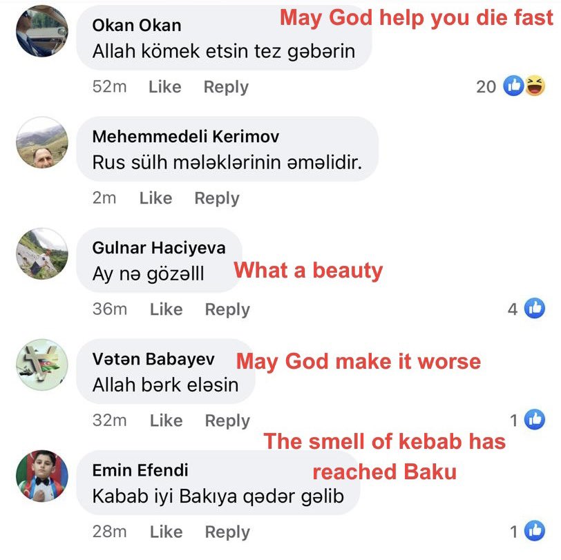 LindseySnell's tweet photo. Comments on an Azerbaijani state media video about a fuel tank explosion in Stepanakert resulting in many injuries.

Truly, comments on any AZ state media about Armenians.

AZ society is so broken. This level of hatred is inhuman, and it’s by the AZ gov’s design. https://t.co/8PNF6DDnN7