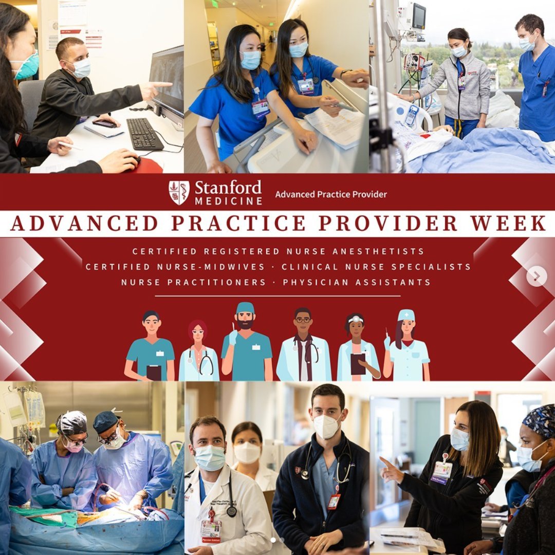 stanfordctsurg's tweet image. We recognize our talented and dedicated APPs in celebration of National Advanced Practice Provider Week 2023! 😀 We are grateful to our @stanfordctsurg team and their commitment to caring for patients and their families.🩺 #APPWeek #HealthcareHeroes #StanfordMedical