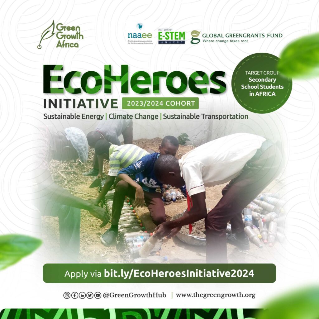 🌿 Join the EcoHeroes Initiative and make a difference! Secondary school students in Africa, apply now for funding up to $400 for your green project. Deadline: 10/15/2023. 

Apply here: shorturl.at/iorsv

 #EcoHeroes #GreenGrowthAfrica 🌍💡