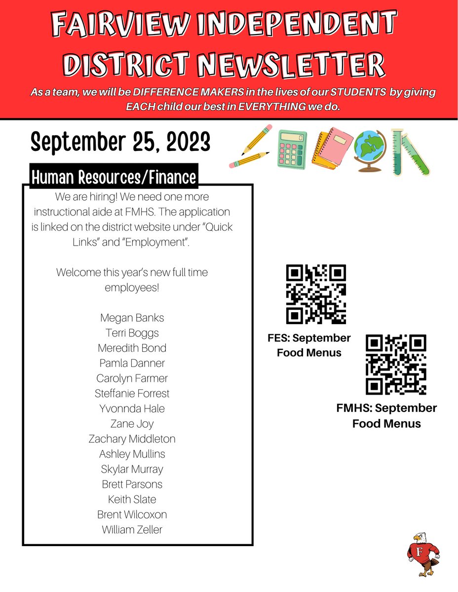 Fairview Independent Schools (@fairviewschools) on Twitter photo Fairview Family,
Please see our district newsletter attached. Be sure to follow us on Instagram and TikTok <a href="/FairviewSchools/">Fairview Independent Schools</a>
Thank you! Fairview Family,
Please see our district newsletter attached. Be sure to follow us on Instagram and TikTok <a href="/FairviewSchools/">Fairview Independent Schools</a>
Thank you!