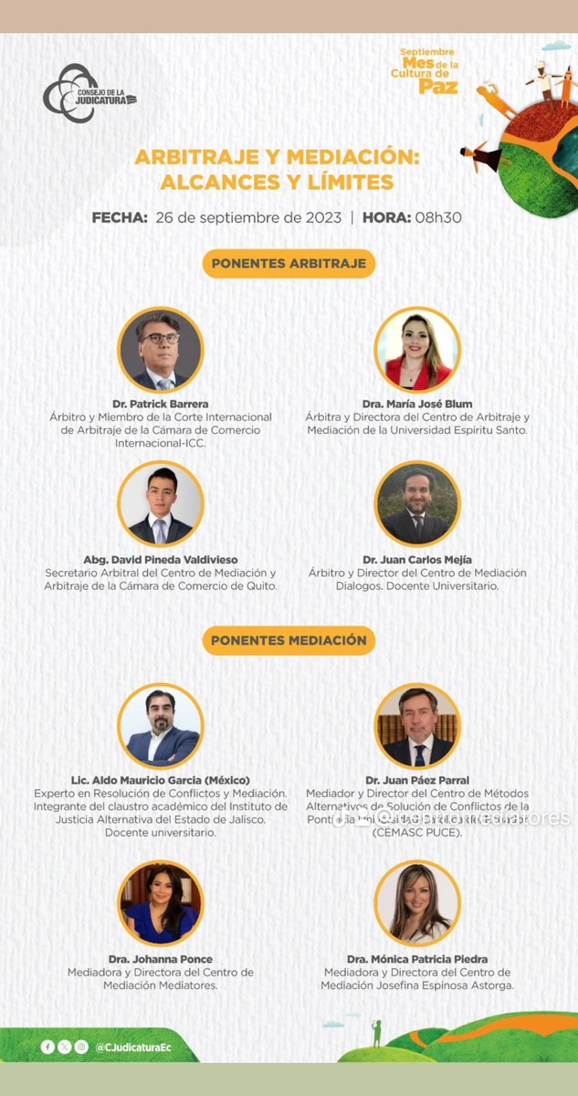 MediatoresEc's tweet photo. 📢 Nuestra CEO @Johis0611 participará como ponente en el seminario de Mediación y Arbitraje, organizado por el @cjudicaturaec  en el marco del mes de septiembre, mes de los MASC y cultura de Paz! 🗓️

🗣️ El panel abordará el tema de "Arbitraje y Mediación: alcances y límites". https://t.co/FiDkNfvqbf