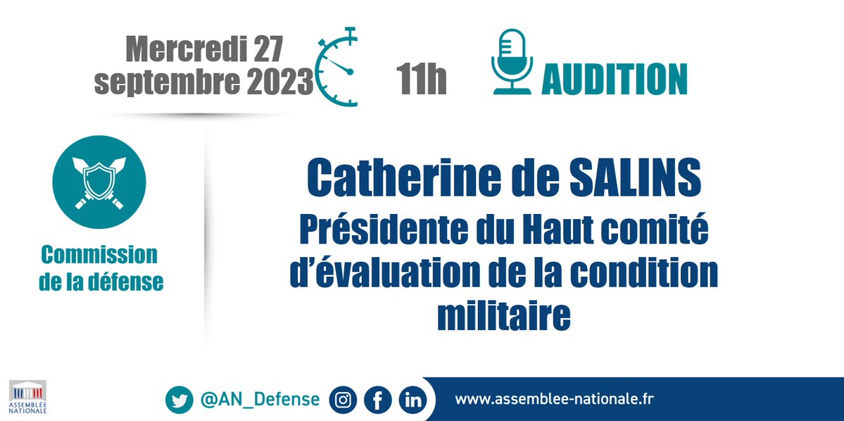 AN_Defense's tweet photo. 🗓️⏰ Demain, à partir de 11h, la @AN_Defense auditionne Catherine de Salins, présidente du Haut comité d'évaluation de la condition militaire, sur son 17e rapport consacré à la condition militaire des officiers.
🎥 À suivre en #DirectAN 👉 https://t.co/zrL5TwAQKH.
#Défense #HCECM https://t.co/dQp5YjQ9Fr