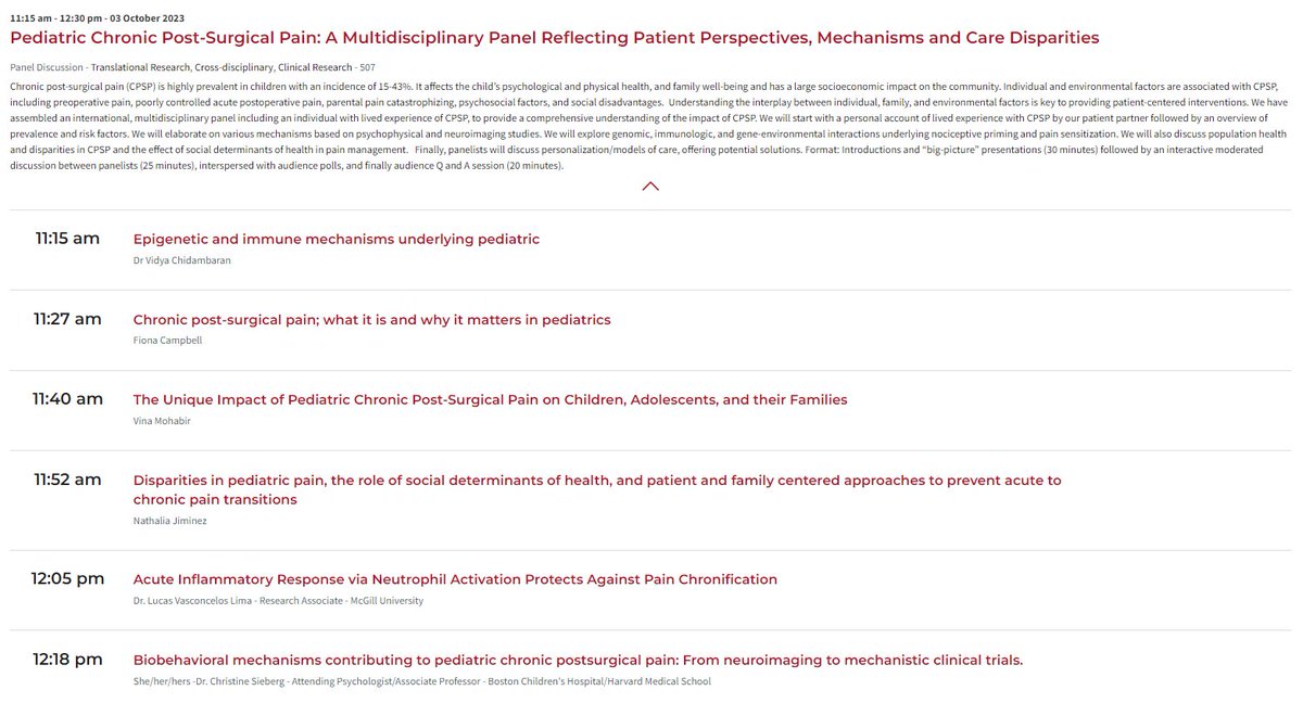 Excited to moderate this wonderful panel on 11:15 am - 12:30 pm - 03 October 2023 Pediatric Chronic Post-Surgical Pain: A Multidisciplinary Panel Reflecting Patient Perspectives, Mechanisms and Care Disparities Please join us! @IASPpain @cbsieberg_PhD @DrFCampbell