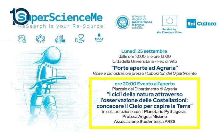 Il Planetarium Pythagoras di Reggio Calabria partecipa anche quest'anno alla Notte Europea dei Ricercatori 
Questa sera, lunedì 25 settembre 2023 ore 20.00, saremo con i telescopi presso il piazzale della Facoltà di Agraria dell'Università Mediterranea di Reggio Calabria.