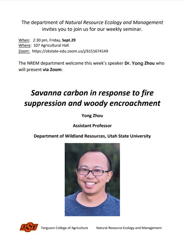 Week 6 of Seminar! Come join us for a talk by <a href="/Yong__Zhou/">Yong Zhou</a> on Friday, Sept. 29! All are welcome to attend in person at 2:30 PM in 107 Ag Hall or virtually on Zoom.

Zoom Link: okstate-edu.zoom.us/j/6151674149