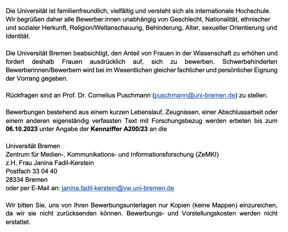 🚨🚨 Job Alert! 🚨🚨 Interested in audiovisual social media (TikTok, Insta), climate change and computational methods? My team @ZeMKI_Bremen is looking for a PhD student (TV-L 13 65%, 3y) starting January 2024. Deadline is October 6th, contact @patrick_zerrer or me for questions.