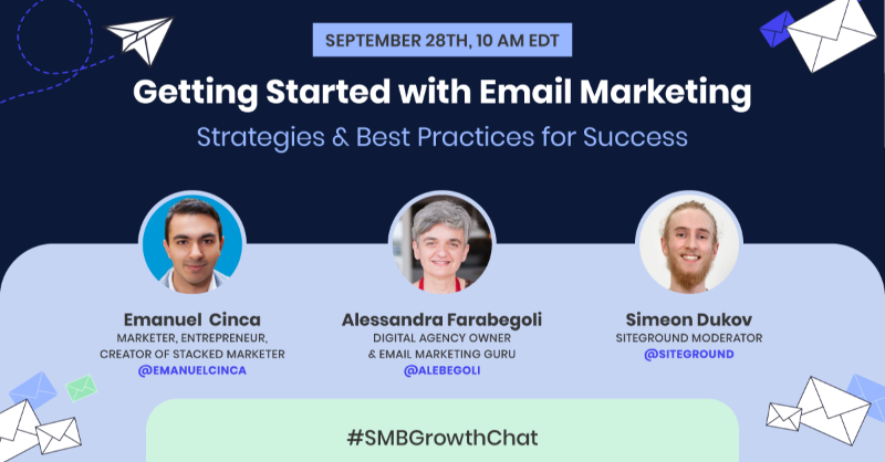 SiteGround's tweet photo. 🗓️ This Thursday | ⏰ 10AM EDT | 📍Twitter Spaces
📧 Join us for our #SMBGrowthChat: Getting Started with Email Marketing
✅ Learn email marketing strategies and best practices from our special guests and top industry experts - @emanuelcinca and @alebegoli.