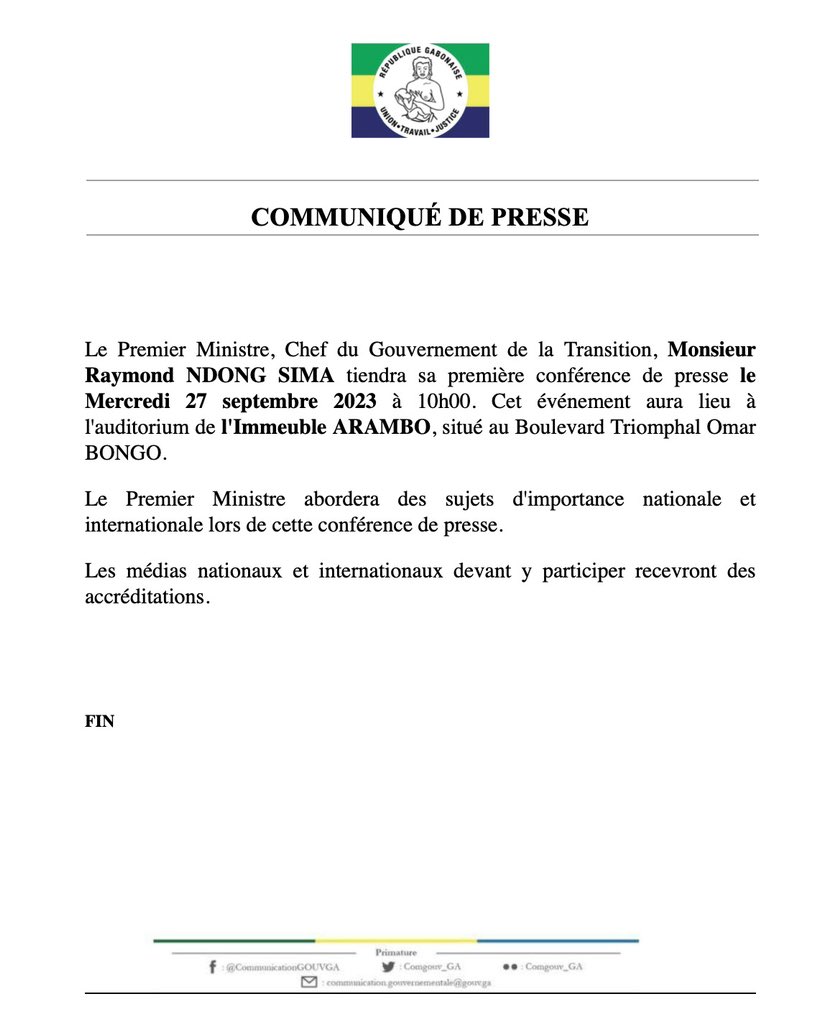 🗓️

Conférence de presse du Premier Ministre, Chef du Gouvernement de la Transition ce Mercredi 27 Septembre 2023 à 10H00.

#comgouv🇬🇦 #conferencedepresse