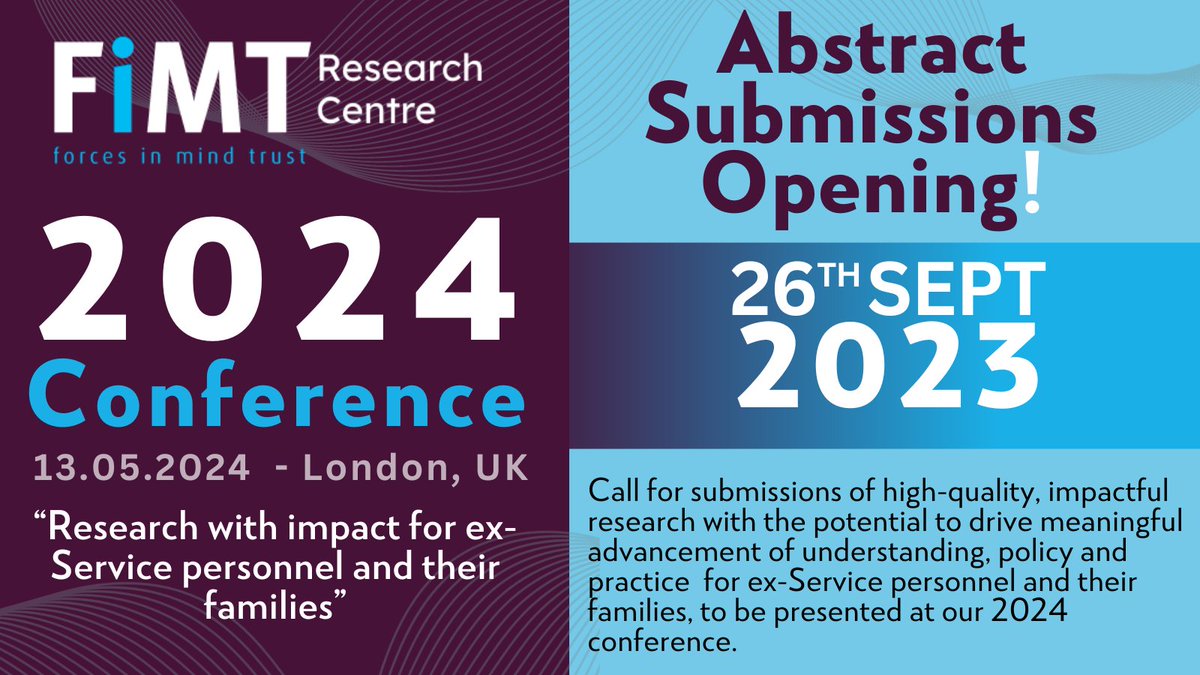 Don't miss your chance to present at our #FIMTRC2024 conference on May 13th 2024 - #abstractsubmissions open tomorrow We will be highlighting high-quality, innovative research with real-world impact for ex-Service personnel and their families in poster and podium presentations!