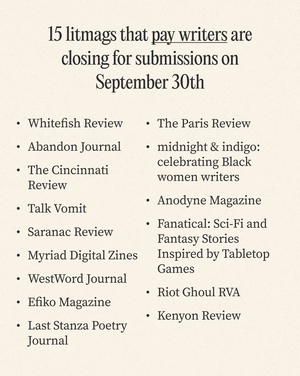 Okay writers get your bag 💰

These literary magazines don't close until Saturday so there is still plenty of time left to submit!

We also have a giant detailed list of 73 other magazines that are closing this week linked in bio if you want it 👍