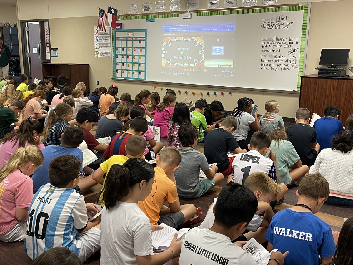 Fourth graders read independently in the pod while we wait for Rise and Shine to begin each day. We are committed to becoming better readers by reading every day! @TISDCES @carrierayces #greatestschoolonearth