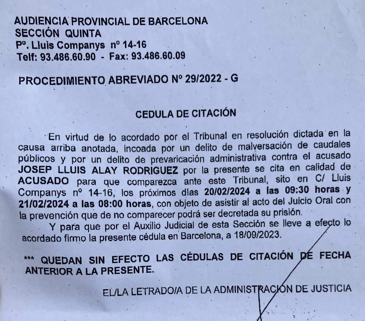 josepalay's tweet photo. Avui m'han notificat data de judici per al 20 i 21 de febrer, gràcies a 1 fiscal obsessiva contra l'independentisme, 1 jutgessa d'instrucció còmplice i, sobretot, 3 jutgesses ‘progressistes’ de l'Audiència de Barcelona que en recurs i per por van avalar la persecució política. https://t.co/DIxMG9gjgu