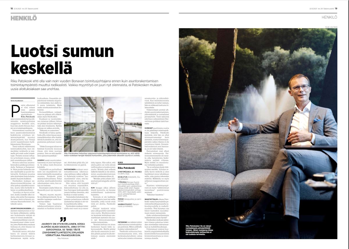 BonavaSuomi's tweet photo. ”Myynti on ykkösprioriteetti, se on tapamme saada kassavirtaa sisään. Suhdannetilanteen taltuttamiseksi pitää olla myös harkittuja uusien hankkeiden aloituksia, jotta liiketoiminta voi pyöriä.” Tj @RikuPatokoski ajatuksia haastavasta #asuntomarkkina'sta: https://t.co/BmRijkT1MO https://t.co/uokIcLuy4n
