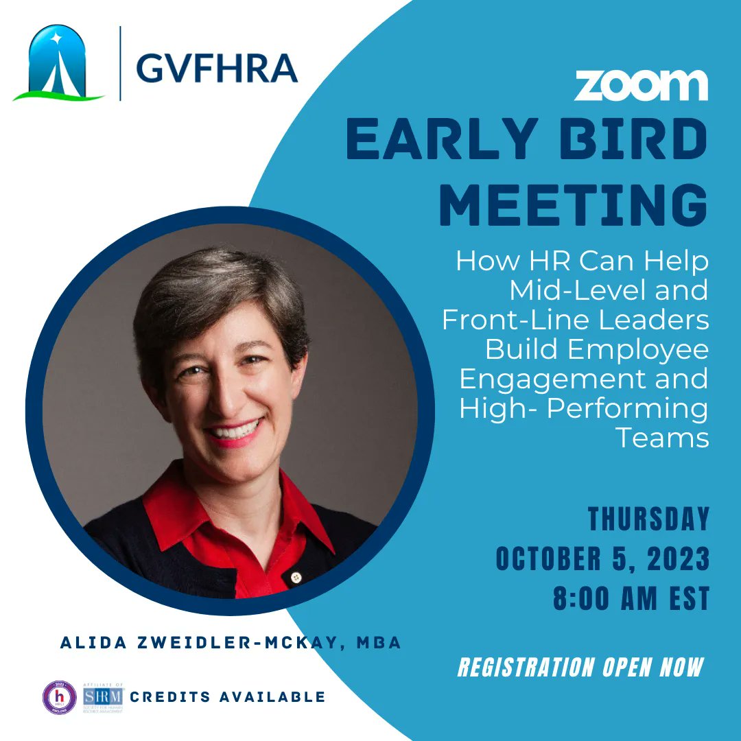 Join us on October 5th for an Early Bird Session with Alida Zweidler-McKay! 

"According to the Gallup organization, only 32% of U.S. employees are considered “engaged.” Another 18% are actively disengaged ..." Keep reading about this session here ➡️ buff.ly/48pNaTc