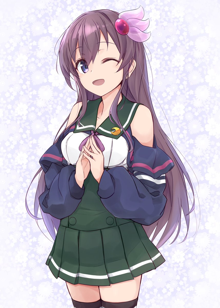 kisaragi (kancolle) 1girl solo long hair green skirt one eye closed green sailor collar skirt  illustration images