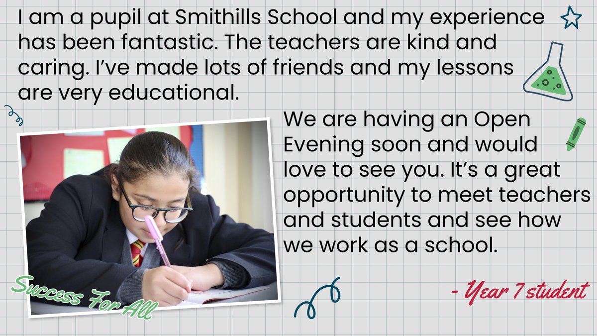 SMITHILLS SCHOOL OPEN EVENING 2023

We invite you to our annual Open Evening event at Smithills School on Thursday 28th September, from 4pm - 7pm.

We look forward to seeing you at the event.

#openevening #SmithillsSchool #community #excellence #independence #successforall