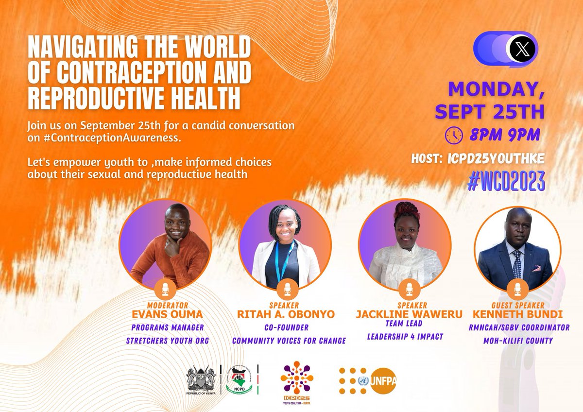 Join @Icpd25YouthKE ahead of the #WCD2023 as we talk about navigating the world of contraception and reproductive health from 8pm to 9pm today. 

With amazing speakers from all calibers @RitahAnindo @jacklinewaweru @KennethBundi @evansy_papito 
#DeliverTheFuture
@Oayouthkenya