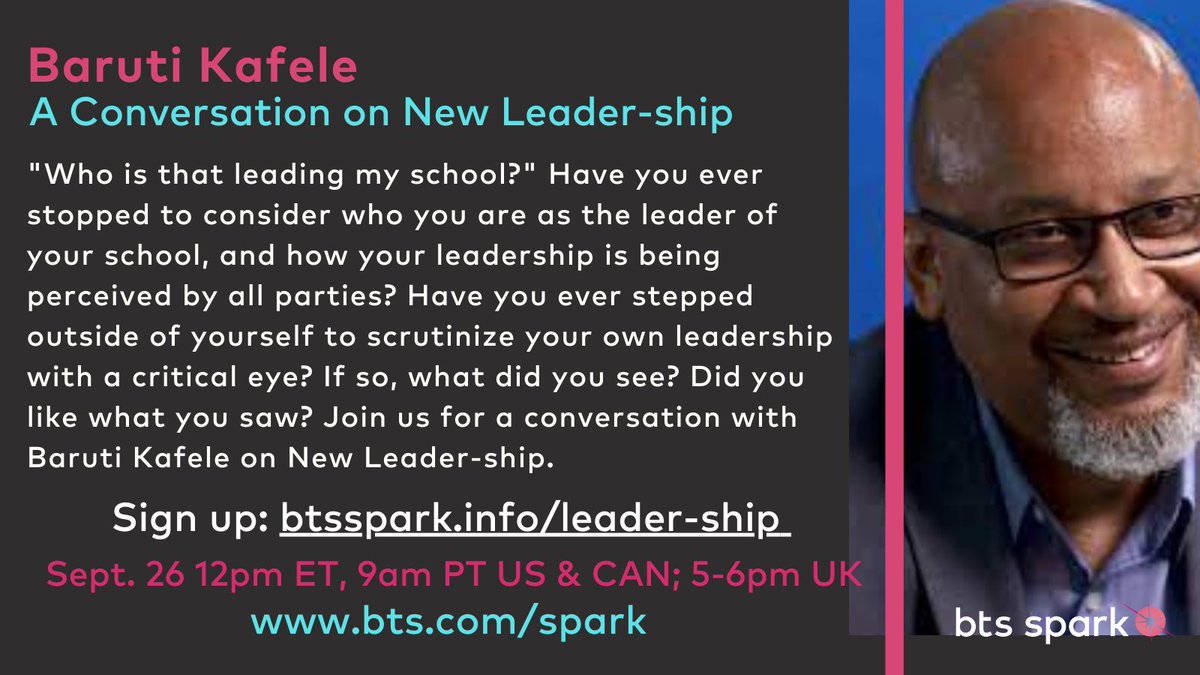 Tomorrow: a conversation with @PrincipalKafele 12pm ET USA/CAN. This one - with one of the most passionate educators around - will be on discussing New Leader-ship and whether your school is a better school because you lead it? btsspark.info/leader-ship #btsspark #attitudegap