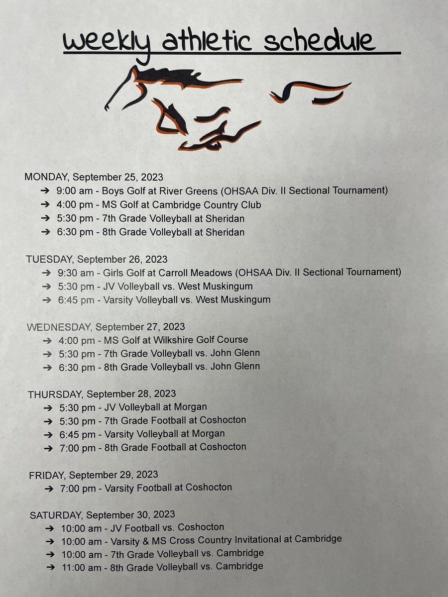 Weekly Athletic Schedule for 09/25/23 - 09/30/23. #GoColts