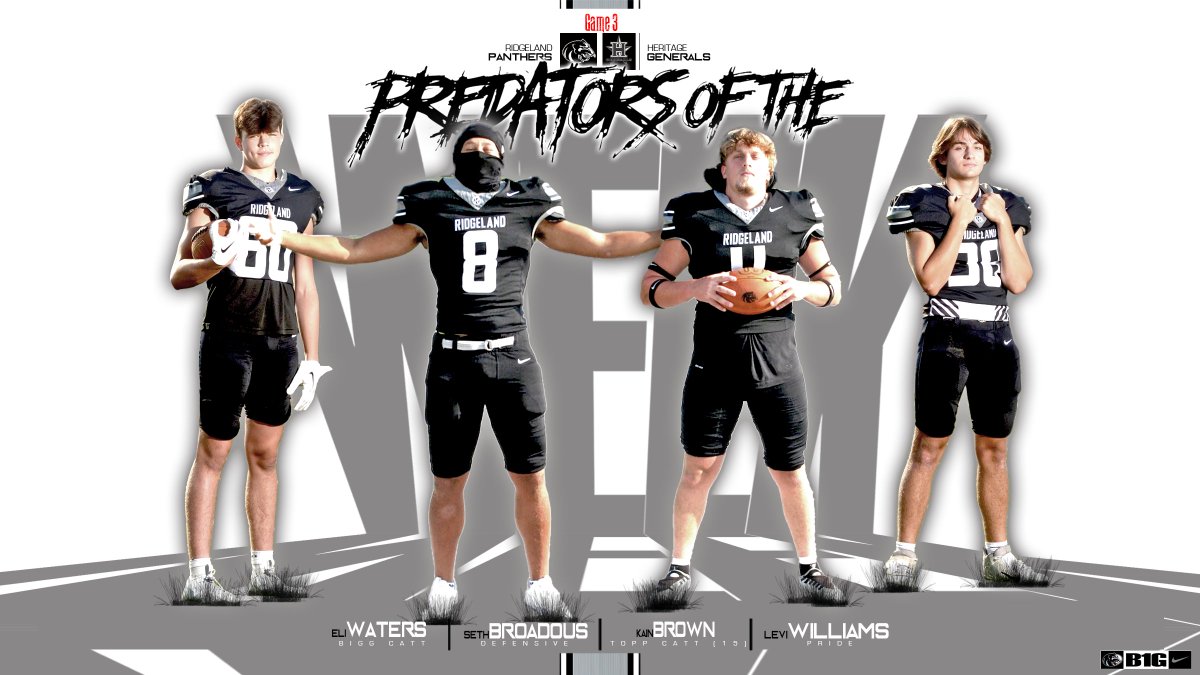 RidgelandHSFtbl's tweet photo. Hard to believe its halfway over. Congrats to our Predators of the Week for the first 3 games. #CLAWSout #B1Gthings @RidgelandVideo @RidgelandHigh #buildingCHAMPIONS_RHS https://t.co/HdpacgYk95