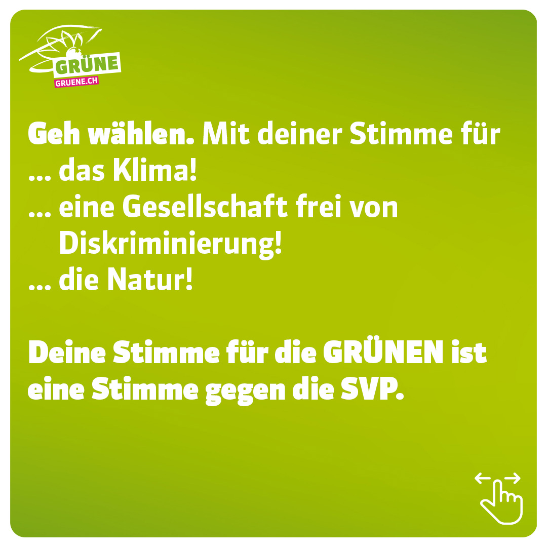GrueneCH's tweet photo. ⚠ Wer nicht wählt, wählt SVP! ⚠

Stoppen wir gemeinsam die SVP und ihre Hetze! ✊🏼

➡ Wähle am 22. Oktober die Partei, die sich für dich engagiert: die GRÜNEN. 💚 #HaltungZeigen https://t.co/vm4uVTaCs3