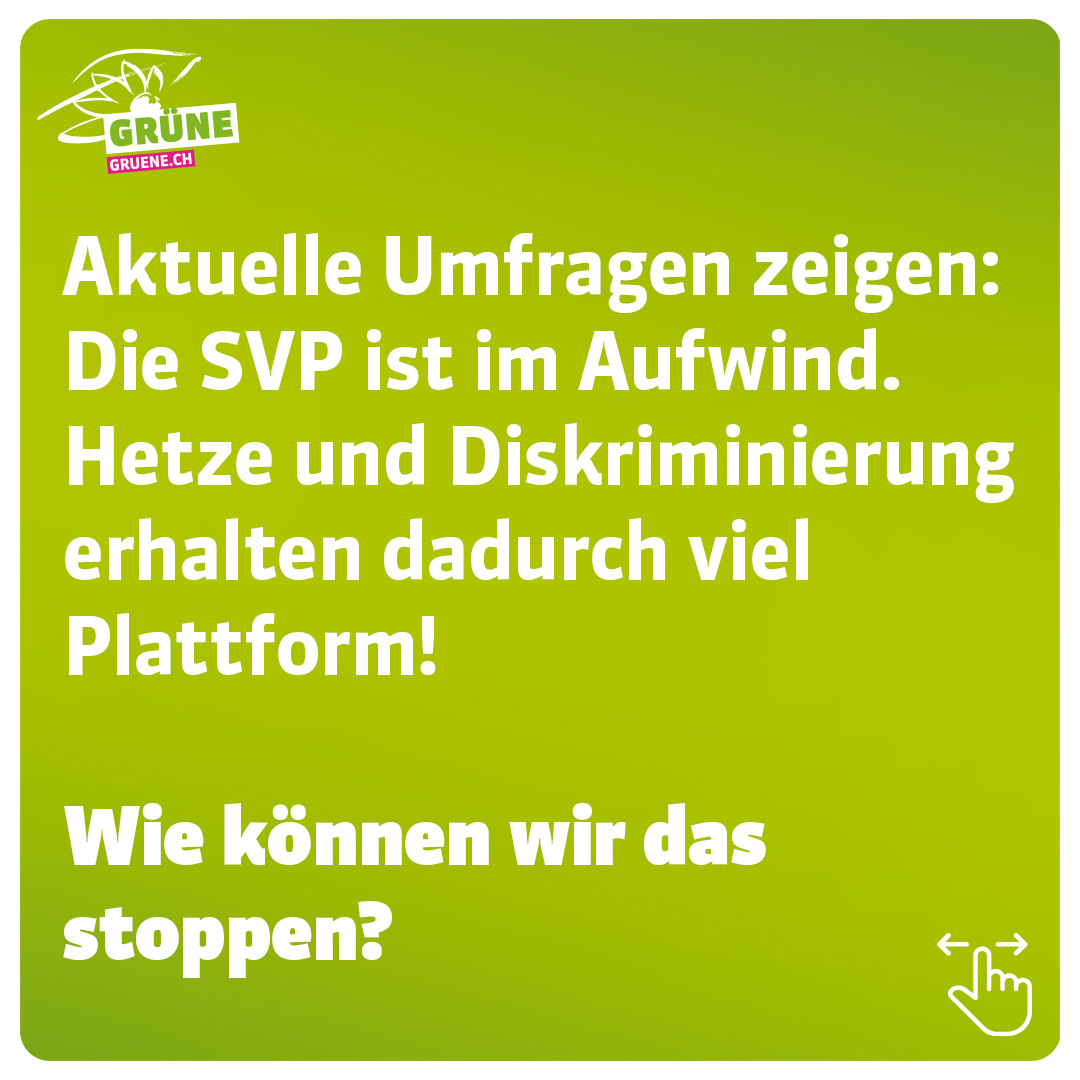 GrueneCH's tweet photo. ⚠ Wer nicht wählt, wählt SVP! ⚠

Stoppen wir gemeinsam die SVP und ihre Hetze! ✊🏼

➡ Wähle am 22. Oktober die Partei, die sich für dich engagiert: die GRÜNEN. 💚 #HaltungZeigen https://t.co/vm4uVTaCs3