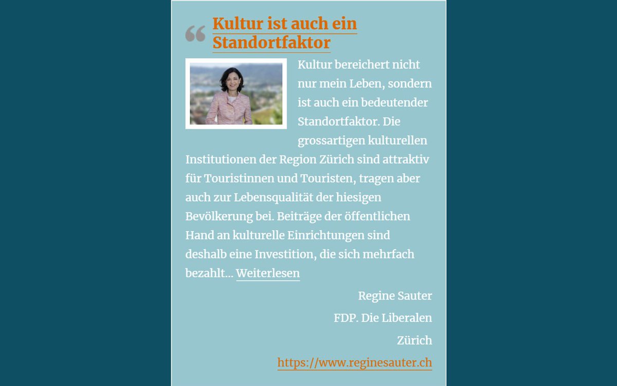 Pro_Kultur's tweet photo. Kultur ist auch ein Standortfaktor

Regine Sauter | FDP. Die Liberalen | Zürich 
https://t.co/iHcyWNn1qR

https://t.co/hKILxx1O6i

Weitere Statements unter https://t.co/6MwIxta9zG  

Facebook: 
https://t.co/6MwIxta9zG 

Instagram: 
https://t.co/M4UwHJOHOR https://t.co/fDXWT9NxiS