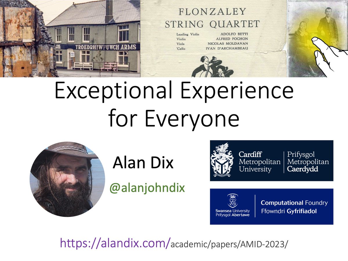 Looking forward to giving invited talk tomorrow on "Exceptional Experiences for Everyone" at AMID <a href="/MobileHCI/">mobilehci</a> workshop (Accessibility and Multimodal Interaction Design Approaches in Museums for People with Impairments).
<a href="/CardiffMetRIS/">Cardiff Met Research & Innovation Services</a>  <a href="/CompFoundry/">Swansea University Computational Foundry</a> 
alandix.com/academic/talks…