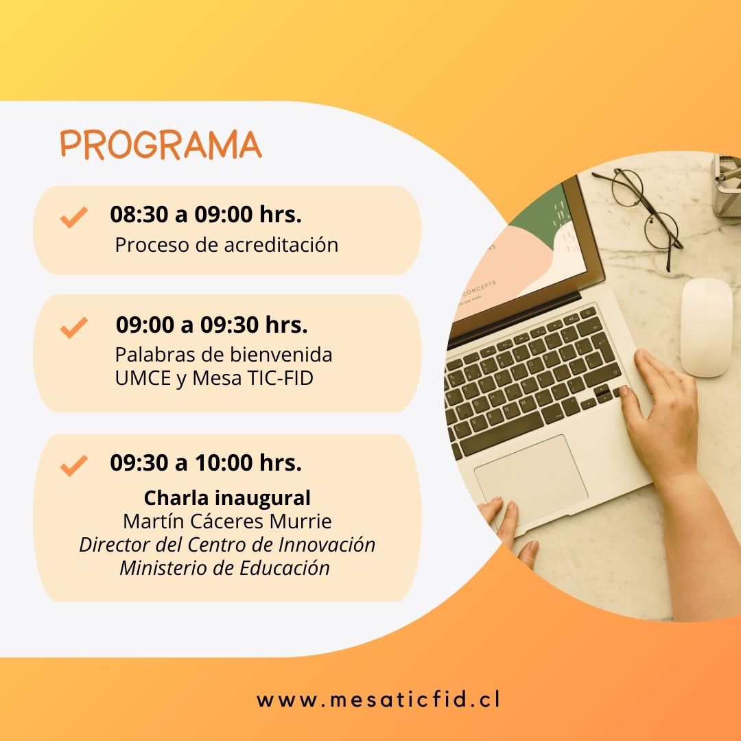 MesaTICenFID's tweet photo. 🔴Les compartimos el programa del seminario "Fortalecimiento de la docencia con innovación y TIC en el sistema educativo" este 28 de septiembre desde las 08:30 hrs. en @umcecl en Av. JP Alessandri 774, Ñuñoa.
⏰INSCRIPCIONES: https://t.co/2myvUJi0H3 https://t.co/chvMhHl54y