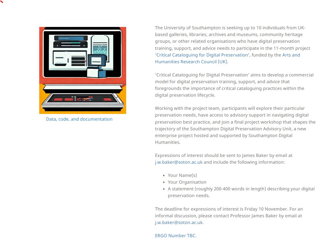 📢 Our @ahrcpress 'Critical Cataloguing for Digital Preservation' project is looking for UK-based folk with digital preservation needs to join a training/support/advice cohort. 📆 Deadline for responses 10 Nov. 📋 Full details ⬇️ + ➡️ critcatdigipres.github.io/2023-09_cohort… #digipres