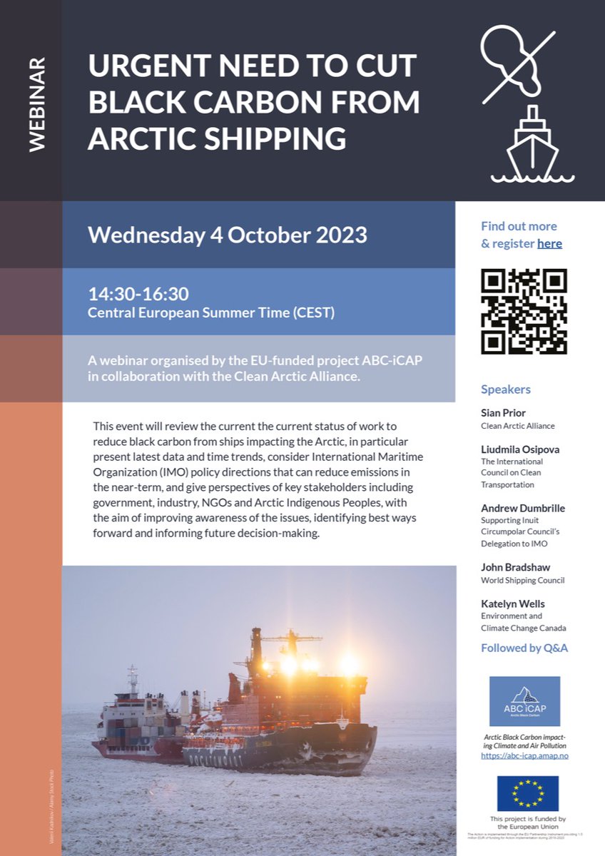 Speaker list now added! Join us on October 4: Urgent Need to Cut Black Carbon from Arctic Shipping: Webinar organised by ABC-iCAP in collaboration with <a href="/CleanArctic/">Clean Arctic Alliance</a> us02web.zoom.us/webinar/regist…