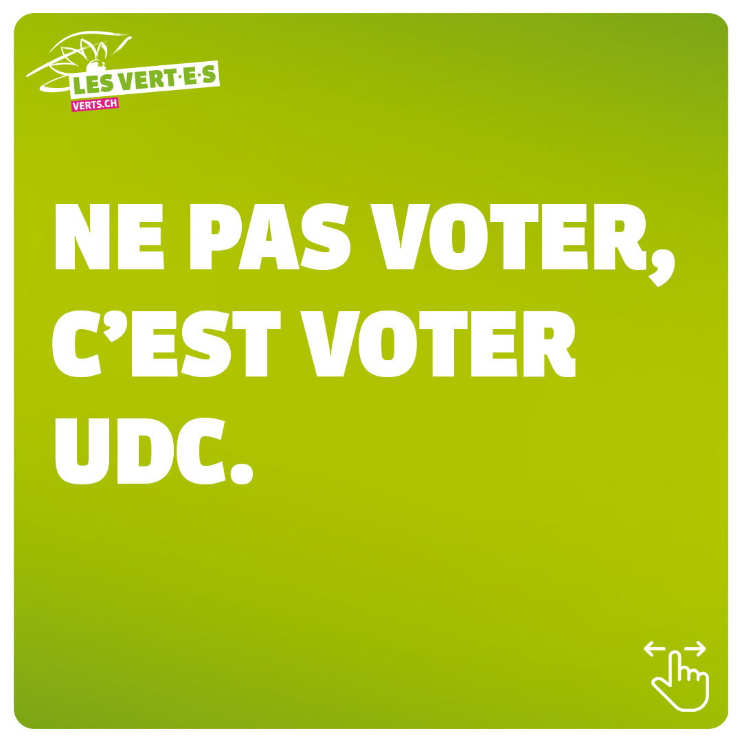 LesVertsSuisses's tweet photo. ⚠ Ne pas voter, c'est voter UDC ! ⚠

Ensemble, stoppons l'UDC et sa propagande ! ✊🏼

➡ Le 22 octobre, vote pour le parti qui s'engage pour toi : les VERT-E-S. 💚 #EnsemblePourLaJustice✊ https://t.co/CNRbE2bql7