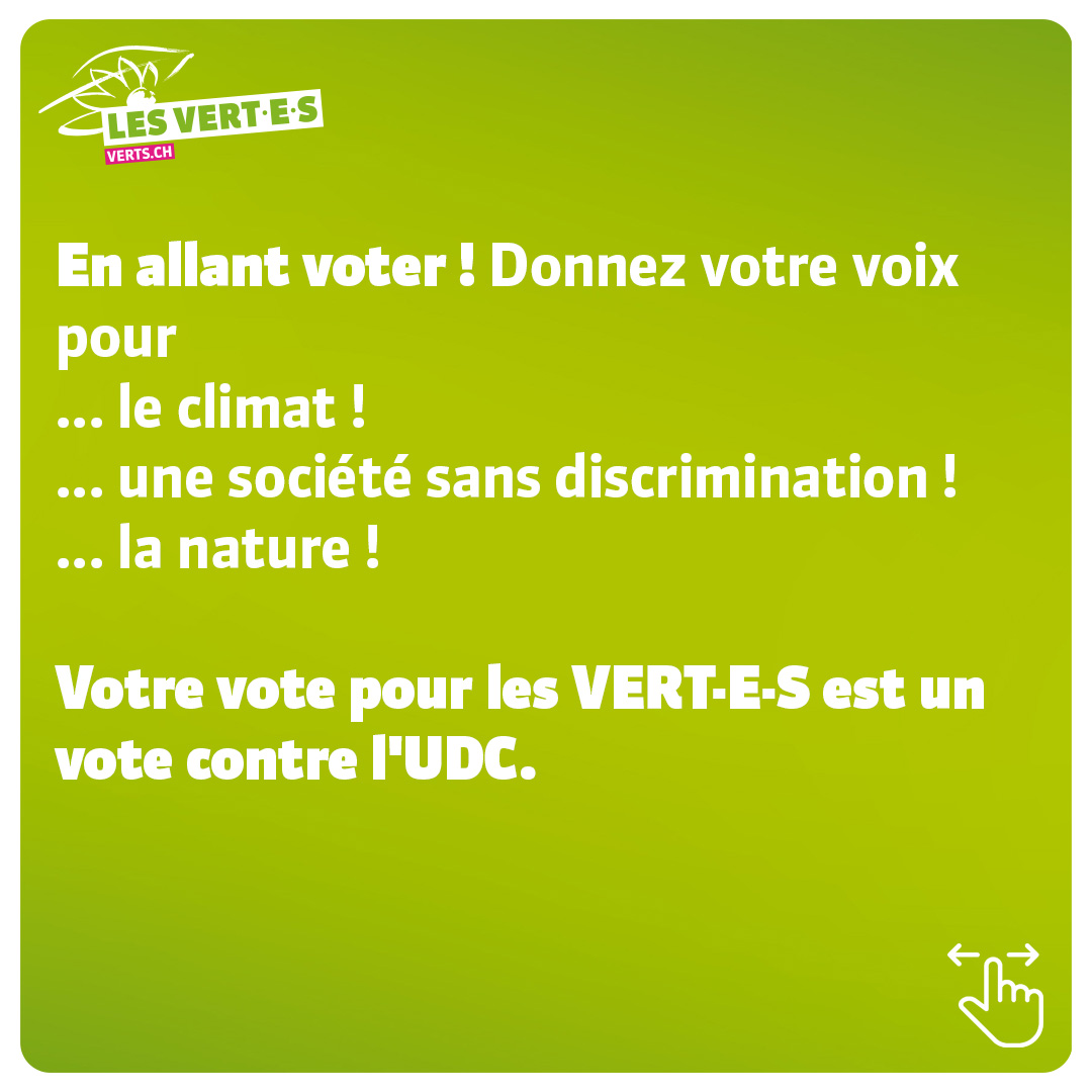 LesVertsSuisses's tweet photo. ⚠ Ne pas voter, c'est voter UDC ! ⚠

Ensemble, stoppons l'UDC et sa propagande ! ✊🏼

➡ Le 22 octobre, vote pour le parti qui s'engage pour toi : les VERT-E-S. 💚 #EnsemblePourLaJustice✊ https://t.co/CNRbE2bql7