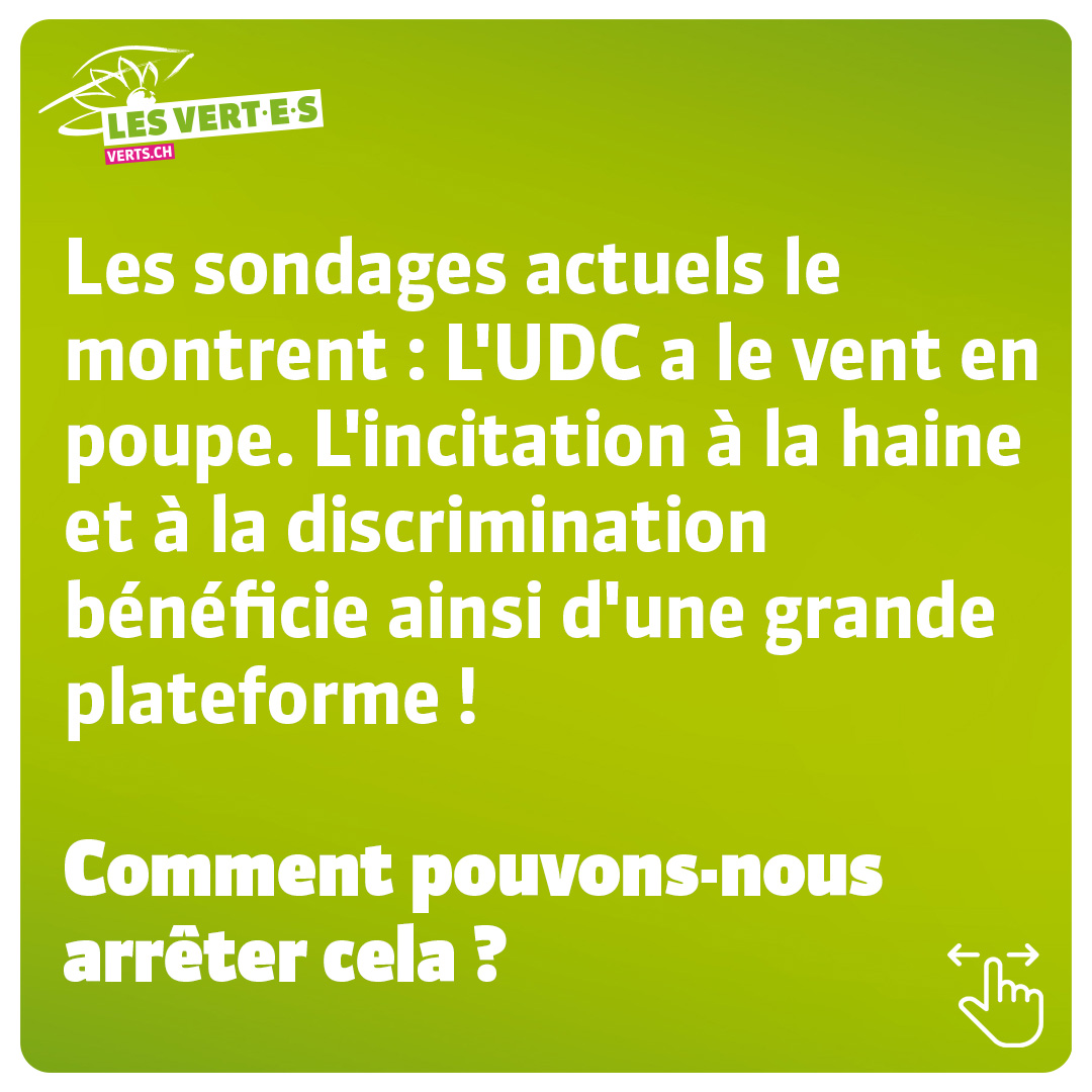 LesVertsSuisses's tweet photo. ⚠ Ne pas voter, c'est voter UDC ! ⚠

Ensemble, stoppons l'UDC et sa propagande ! ✊🏼

➡ Le 22 octobre, vote pour le parti qui s'engage pour toi : les VERT-E-S. 💚 #EnsemblePourLaJustice✊ https://t.co/CNRbE2bql7
