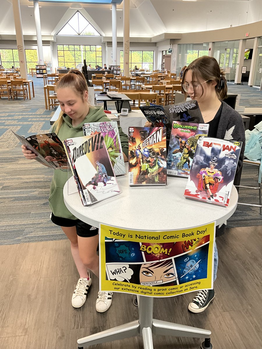 aussieandrew's tweet photo. It’s National Comic Book Day, and the media center is loaded with popular comics to check out. Stop by the circulation desk to borrow your next adventure. @HHS_MediaCenter #hudmediatech #NationalComicBookDay https://t.co/5MIb9ddiPM