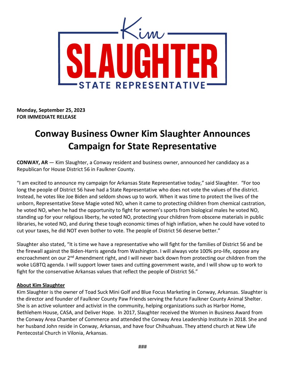 KimSlaughterAR's tweet image. I officially announced for State Representative District 56 today. The people of District 56 deserve a representative that will fight for them, they deserve better! #arpx #arleg #ARnews