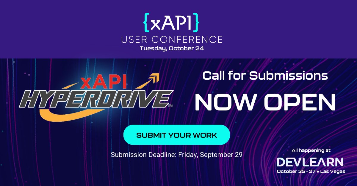 xAPIGnome's tweet image. FOUR DAYS LEFT to submit your work for the xAPI Hyperdrive! Remember to get your submission in by this Friday, Sept 29, for the chance to share your #xAPI expertise on Oct 24 at DevLearn's xAPI User Conference. Get going here: rb.gy/x0k1c
#DevLearn #ExperienceAPI