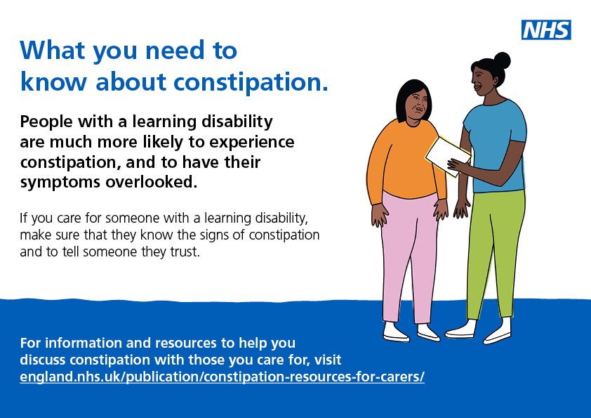 What you need to know about constipation 
If you care for someone who has constipation, check out these resources. 

england.nhs.uk/wp-content/upl… 

england.nhs.uk/publication/co… 

#LearningDisability 
#FamilyCarers 
#EasyRead 
#Constipation 
#TalkPoo 
#Carers  
<a href="/LearningDisEng/">LDEngland</a>