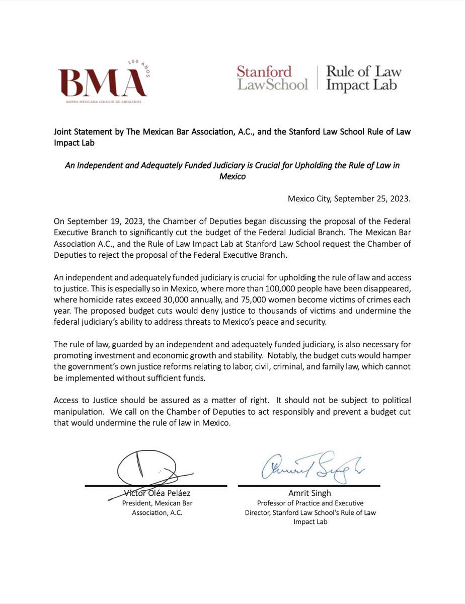 BMA_Abogados's tweet photo. En la @BMA_Abogados y @StanfordLaw  creemos que el acceso a la justicia debe garantizarse como un derecho. No debe ser objeto de cálculos políticos. Hacemos un llamado a la @Mx_Diputados para que actué con responsabilidad y evite el recorte presupuestal que atentaría contra el #EstadodeDerechoen México.